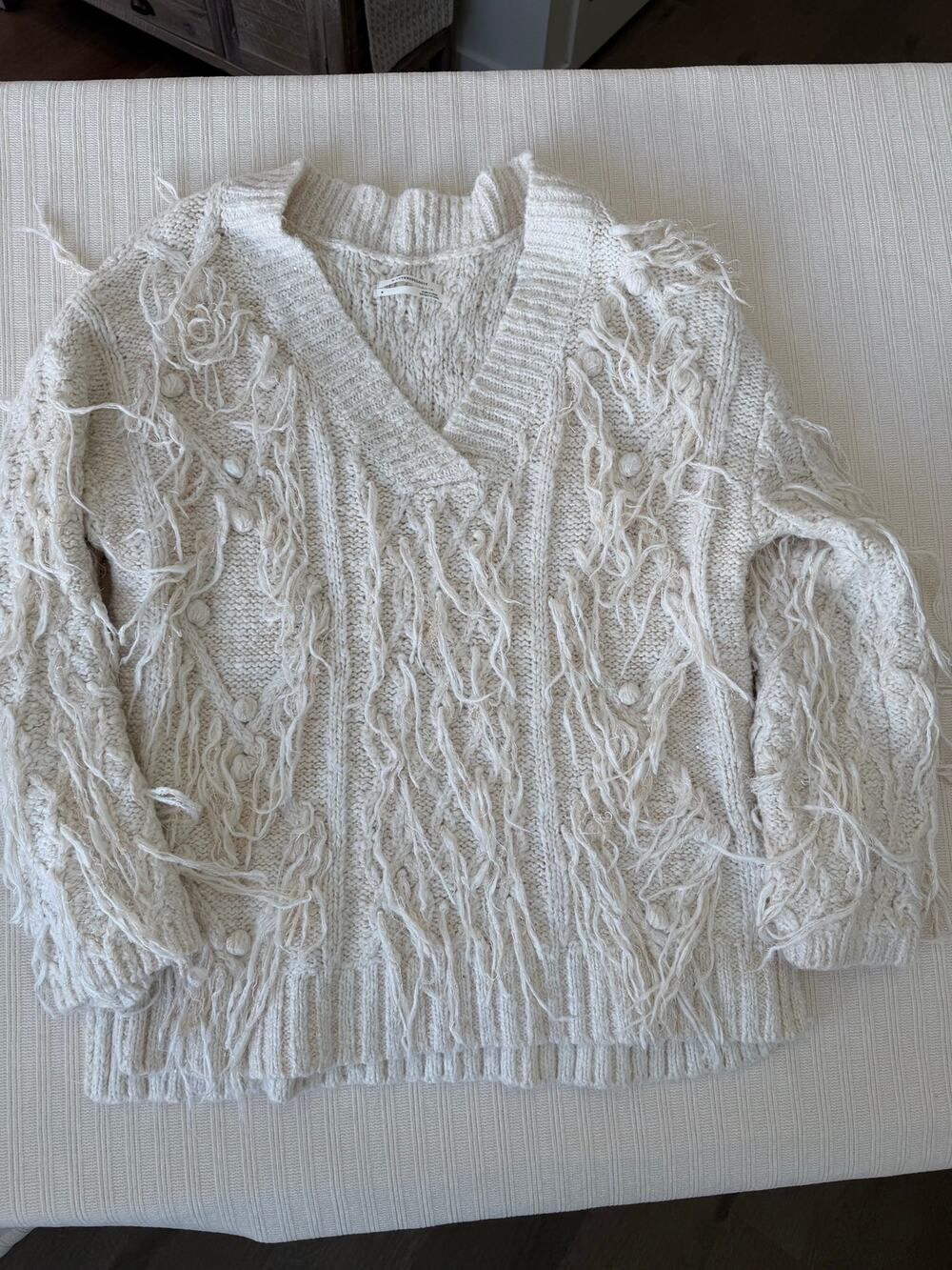 Anthropologie Shaggy Fringe Cable Knit V-Neck Metallic Sweater M